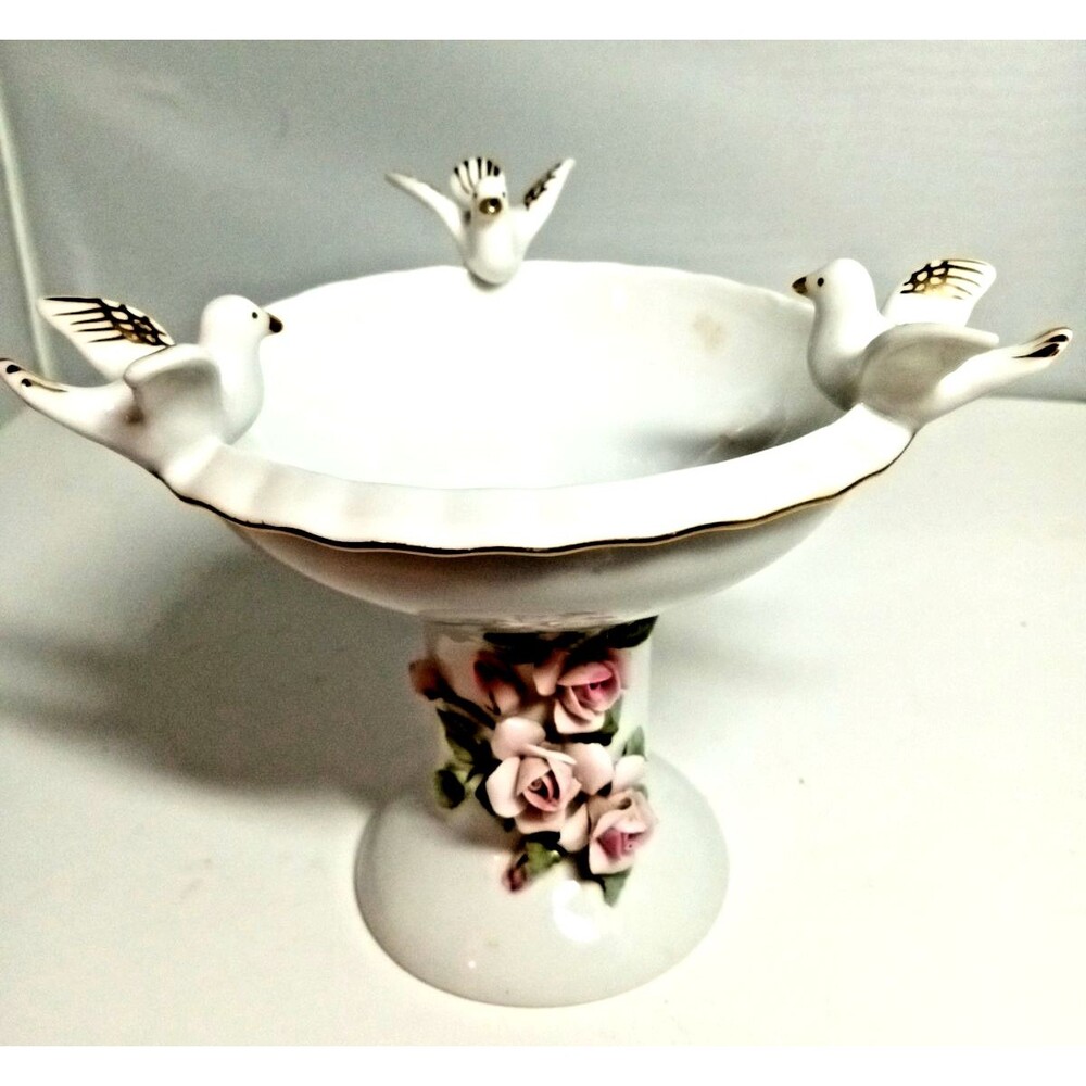 Vintage Lefton China Porcelain Birdbath Doves Roses Taper Candle Gold Accents